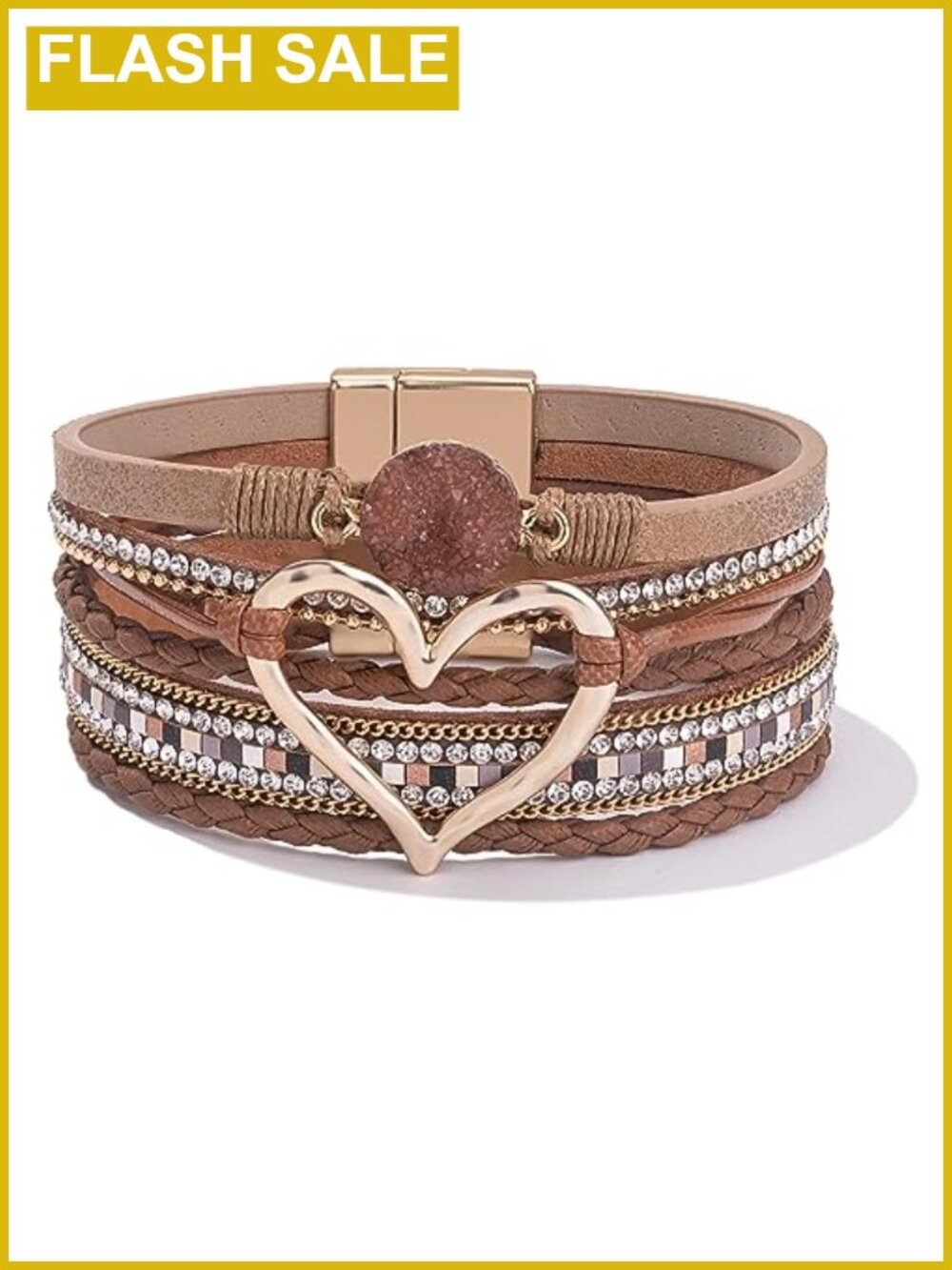 Boho Leather Wrap Bracelet Gold Heart Cubic Zirconia Magnetic Clasp Cuff